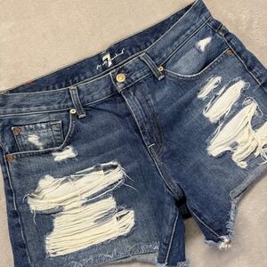7 For All‎ Mankind Shorts Womens 29  Destroyed Ripped Frayed Hem Dark Wash Denim
